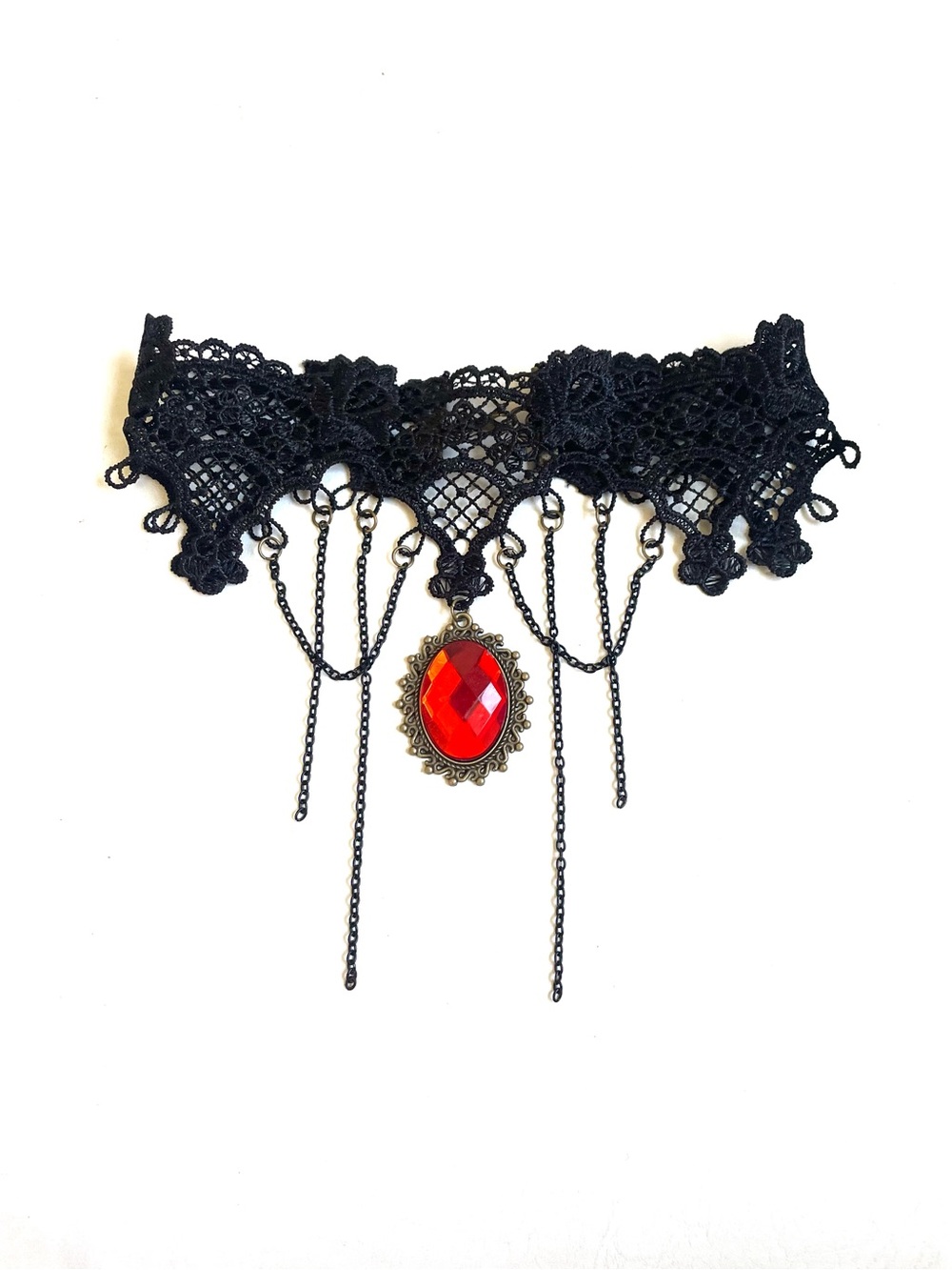 BLACK LACE CHOKER RED PENDANT CHAIN LINKS GOTHIC VICTORIAN
